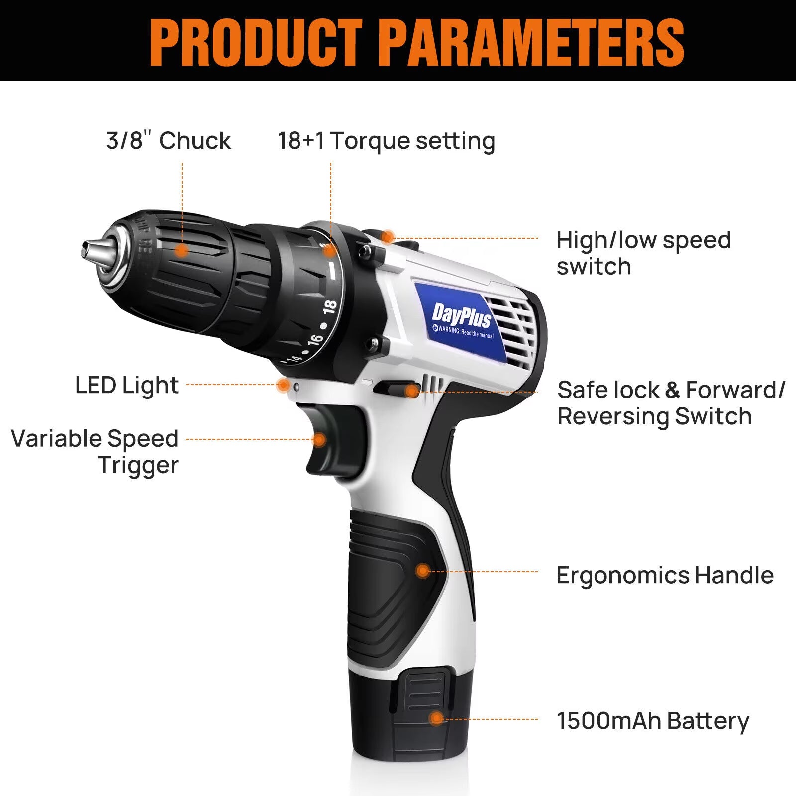 Cordless Drill Screwdriver with Battery, 45Nm Electric Screwdriver, Impact Driver Drill, 2 Speed, Forward & Reverse Setting