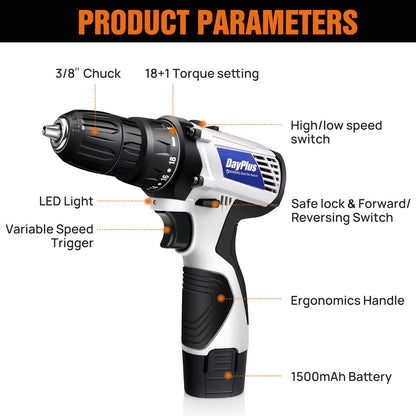 Cordless Drill Screwdriver with Battery, 45Nm Electric Screwdriver, Impact Driver Drill, 2 Speed, Forward & Reverse Setting