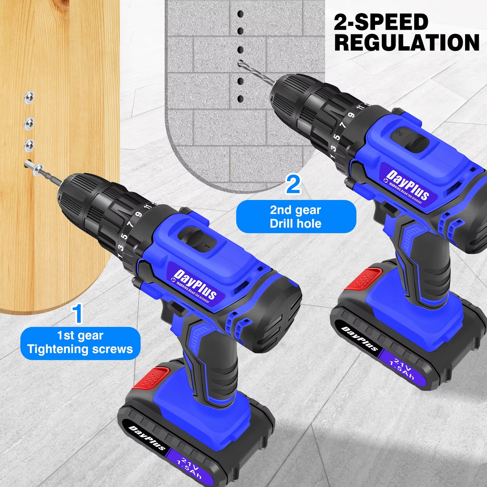 1400RPM 21V Cordless Drill Driver 45Nm 2 Speeds Electric Cordless Screwdriver 25+1 Torque with 1/2 1500Mah Battery & Accessories